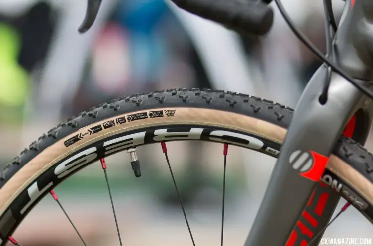 It looks like a tubular, but it's a supple 185 tpi tubeless cyclocross tire on Islabikes' Pro Series of cyclocross and mountain bikes. Kids' bikes companies multiply at the 2017 Sea Otter Classic. © Cyclocross Magazine