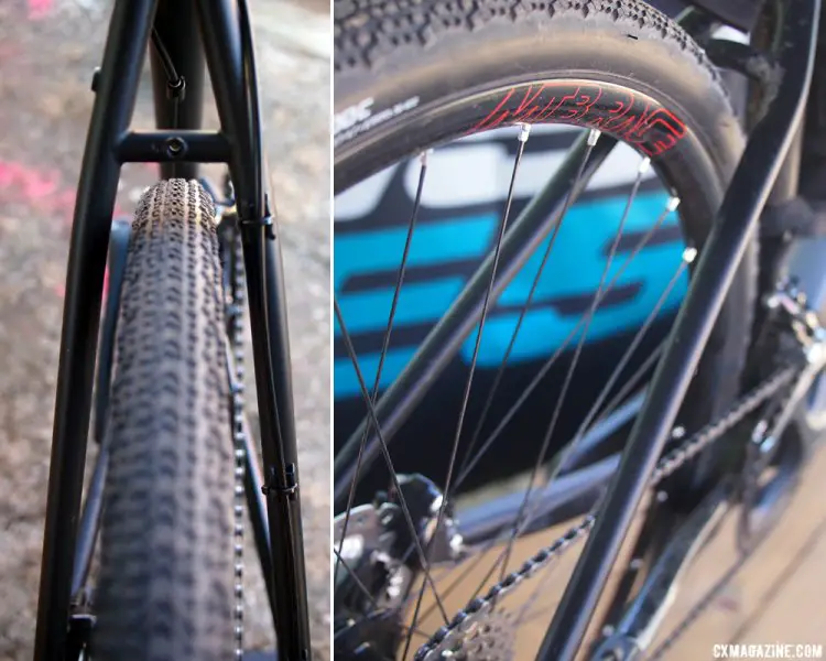 Rear tire clearance is shown from the back and the side. This Sea Otter Classic booth model showed signs of fresh dirt from a recent ride from the Blackburn Ambassadors ride. 2017 Sea Otter Classic. © G. Kato / Cyclocross Magazine