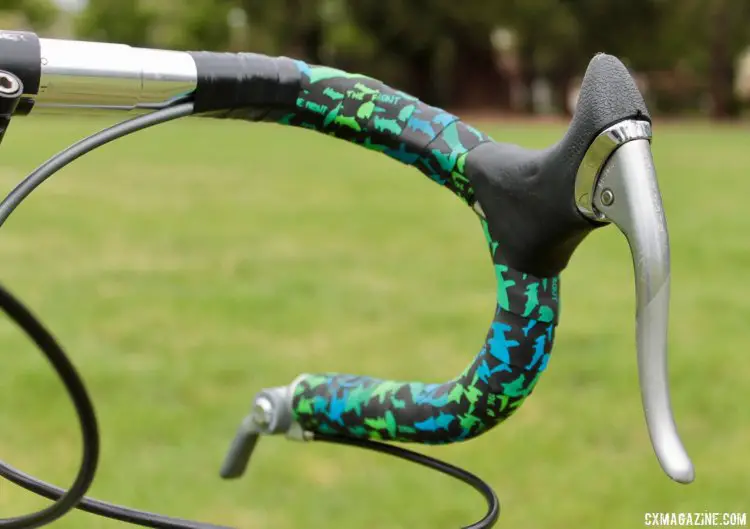 A left Dura-Ace BL-7402 brake lever handles front braking. Eric Rumpf's John Tomac replica 1991 Raleigh Signature ti/carbon drop bar mountain bike. © Eric Rumpf