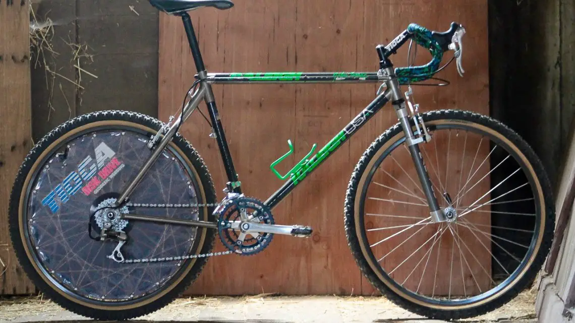 It's iconic, rare, beautiful and prized, but Rumpf is the first to admit the ride is a little "sketchy." Eric Rumpf's John Tomac replica 1991 Raleigh Signature ti/carbon drop bar mountain bike. © Eric Rumpf