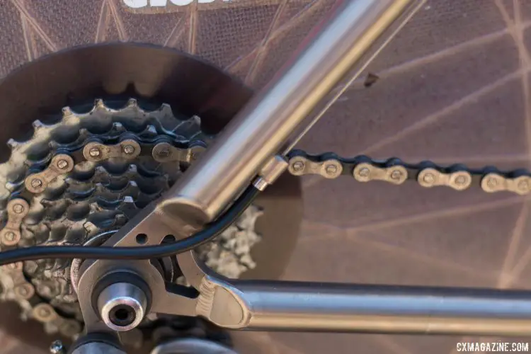 The Merlin titanium rear triangle did not have a replaceable derailleur hanger. Eric Rumpf's John Tomac replica 1991 Raleigh Signature ti/carbon drop bar mountain bike. © Cyclocross Magazine