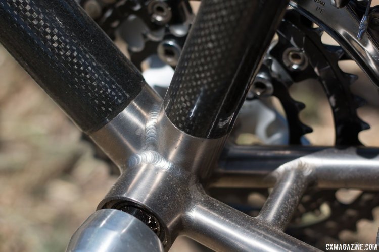 Merlin welded the titanium pieces for Raleigh. Note the press-fit square taper bottom bracket. Eric Rumpf's John Tomac replica 1991 Raleigh Signature ti/carbon drop bar mountain bike. © Cyclocross Magazine