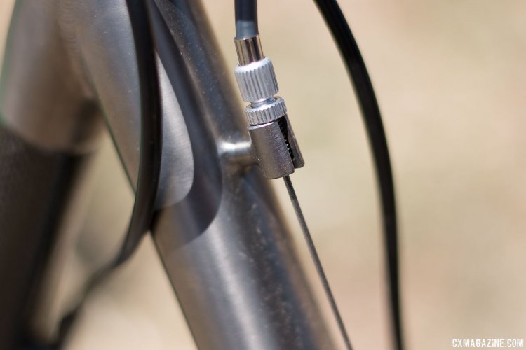 Everywhere you look, there's cable tension adjusters for on-the-trail maintenace in the days well before pits in mountain bike races. Eric Rumpf's John Tomac replica 1991 Raleigh Signature ti/carbon drop bar mountain bike. © Cyclocross Magazine