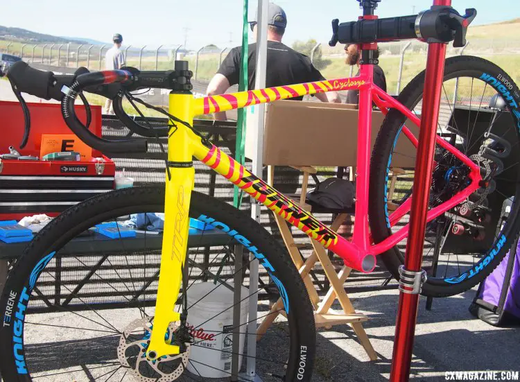 This hot pink and yellow tiger striped Cyclosys belongs to Zap Espinoza of Road Bike Action. 2017 Sea Otter Classic. © G. Kato / Cyclocross Magazine