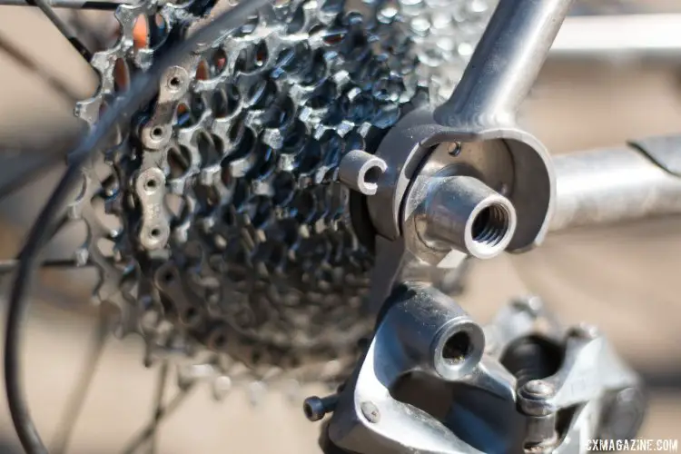 A replaceable rear derailleur helps keep you and your frame pedaling for years, even after derailleur-hanger-bending mishaps. Why Cycles' R+ titanium road / cross / gravel bike. © Cyclocross Magazine