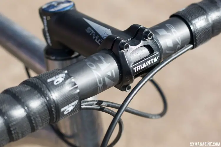 The EC70 SL handlebar is stock equipment on the $5999 build, but the Truvativ stem is not - an EA90 stem is the default option. Why Cycles' R+ titanium road / cross / gravel bike. © Cyclocross Magazine