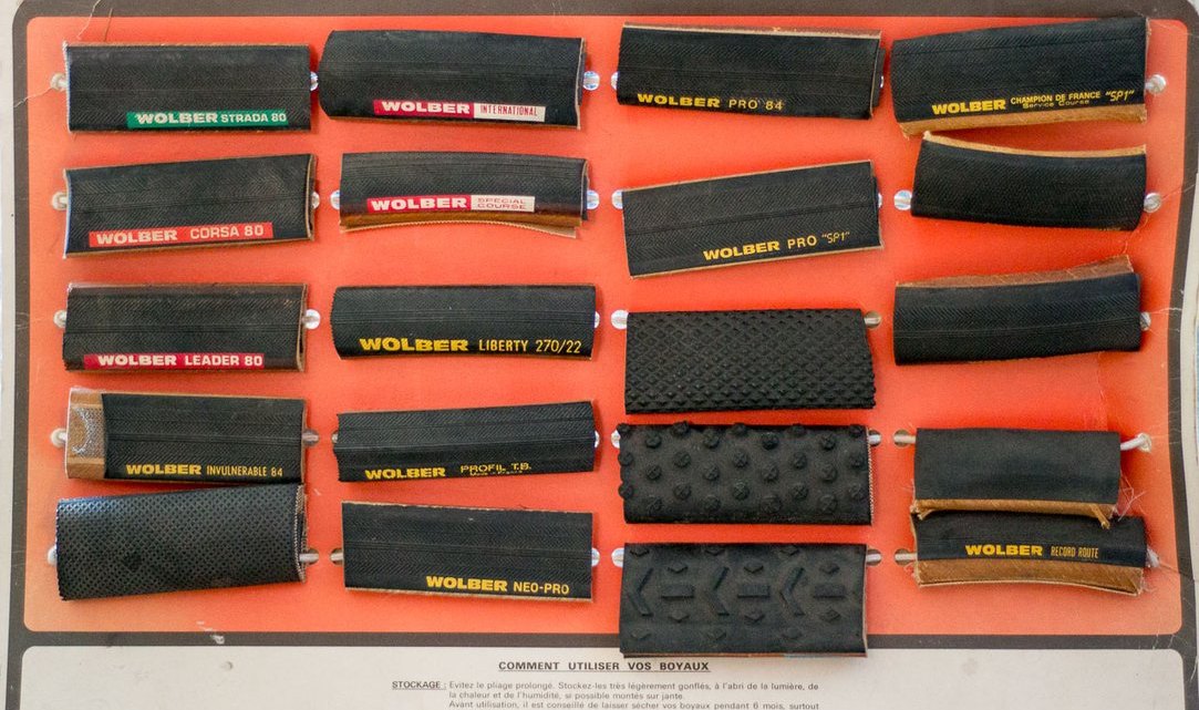 A vintage Wolber tubular display shows off just a subset of the tires offered by Wolber in the 80s. © Cyclocross Magazine