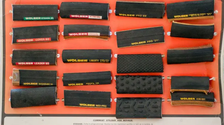 A vintage Wolber tubular display shows off just a subset of the tires offered by Wolber in the 80s. © Cyclocross Magazine