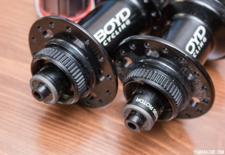 Centerlock hubs with press-in caps to swap between different axle configurations. Boyd Cycling at Press Camp 2017. © Cyclocross Magazine