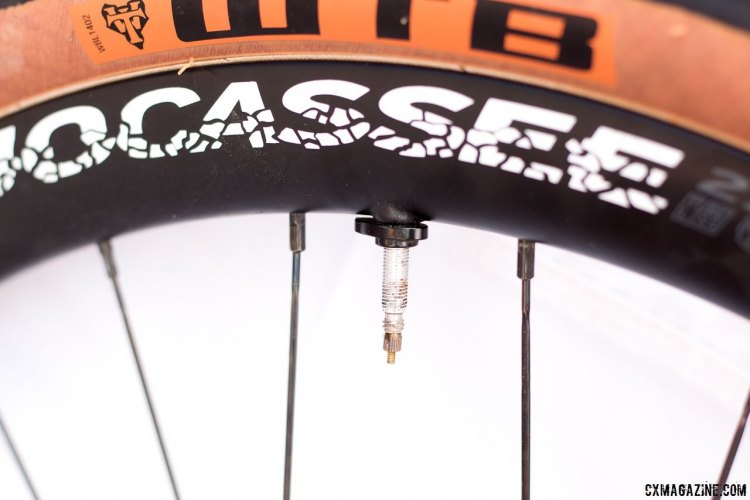Boyd Cycling's new Jocassee 650b carbon gravel wheel embraces WTB's Road Plus movement. Note the Boyd tubeless valve wingnut to make an emergency inner tube installment problem-free. Press Camp 2017. © Cyclocross Magazine