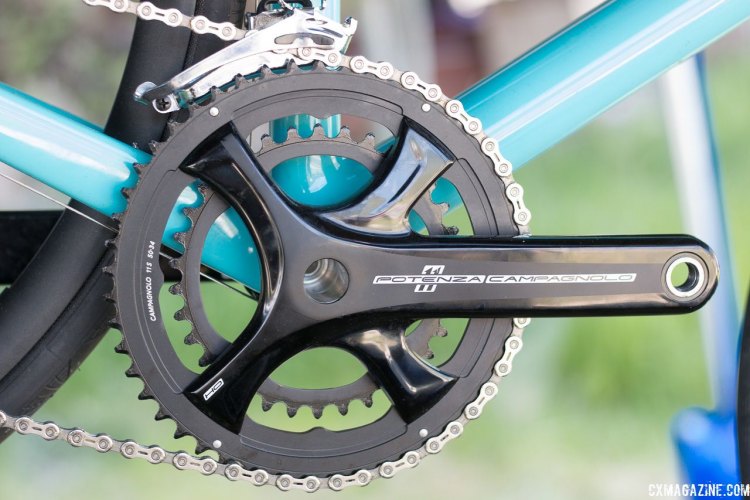 The Potenza 11 crank arms come with a four-bolt design and fit three different road front chainring combinations. Will the company or a third party offer more cyclocross-friendly options? We're anxious to see. Press Camp 2017. © Cyclocross Magazine