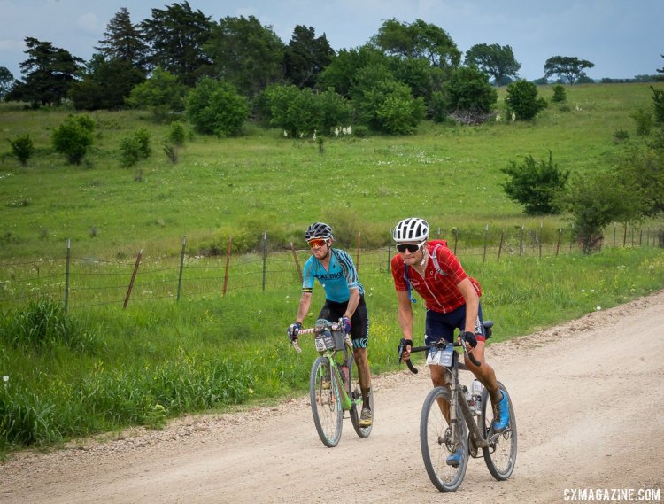 Jon Hornbeck and Ted King give chase of the leaders. 2017 Dirty Kanza gravel race. © Christopher Nichols