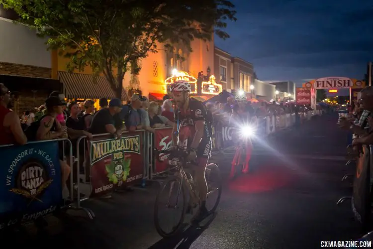 Racers beat complete darkness with headlights and by finishing in the blue hour. 2017 Dirty Kanza gravel race. © Christopher Nichols