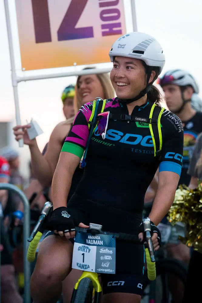 Amanda Nauman experienced an emotional roller coaster at the Dirty Kanza 2017 but was all smiles at the start. © Ian Hylands