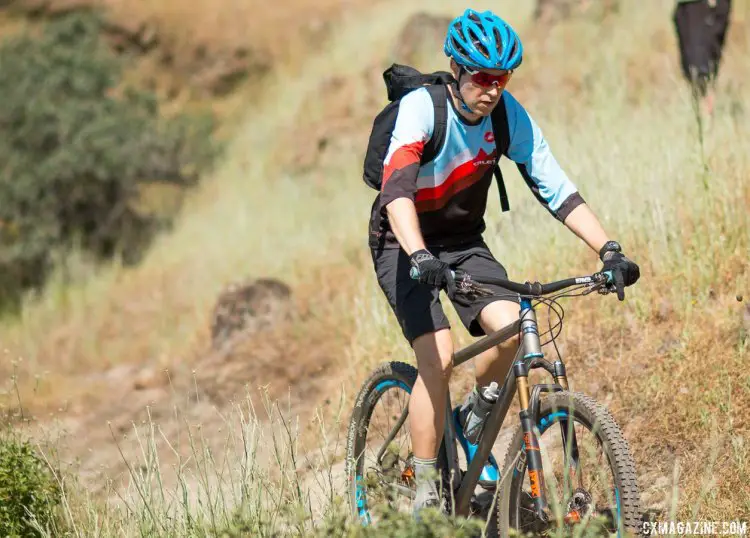 John Caletti climbs the rocky trails on his personal mountain bike at 2017 Paul Camp. © Cyclocross Magazine