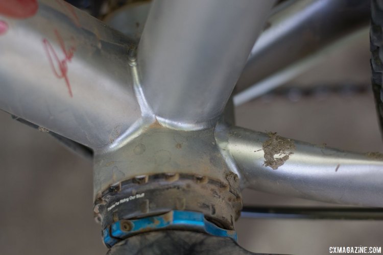 Caletti Cycles' titanium monster cross bike featured a T47 threaded bottom bracket. Caletti's titanium welds after media blast finishing. 2017 Paul Camp. © Cyclocross Magazine