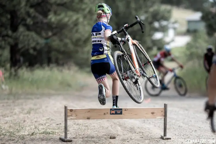 It's never too early to do barrier work. Lizzy Gunsalus shows her Nationals-winning form. Montana Cross Camp, Women, 2017. © Tom Robertson