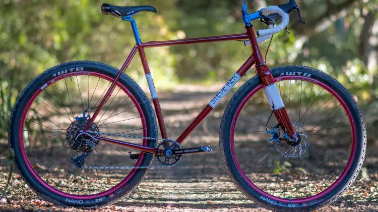 Rex Cycles' fillet brazed monster cross bike features big, 29er rubber. It's subtle, but the seat tube curves for added tire clearance. © Cyclocross Magazine