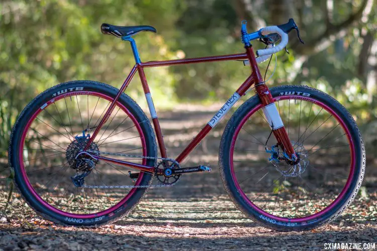 Rex Cycles' fillet brazed monster cross bike features big, 29er rubber. It's subtle, but the seat tube curves for added tire clearance. © Cyclocross Magazine