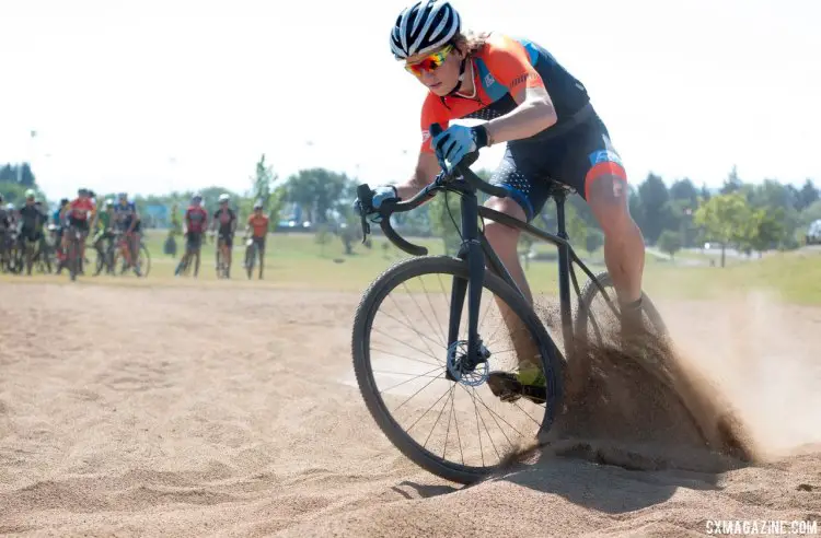 Kelton Williams digs in on his way to the sand hairpin turn. 2017 Montana Cross Camp © Cyclocross Magazine