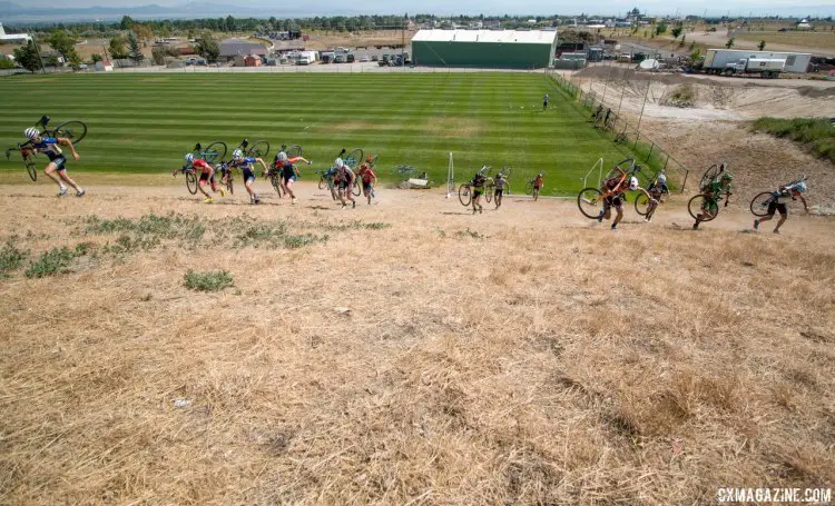 Campers run this hill with their bikes before wrapping up the skills work and heading to lunch. 2017 Montana Cross Camp © Cyclocross Magazine