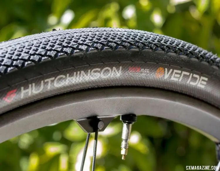 The Hutchinson Overide tubeless gravel tire cuts its side knobs in half for a consistent, raised edge for cornering bite. © Cyclocross Magazine