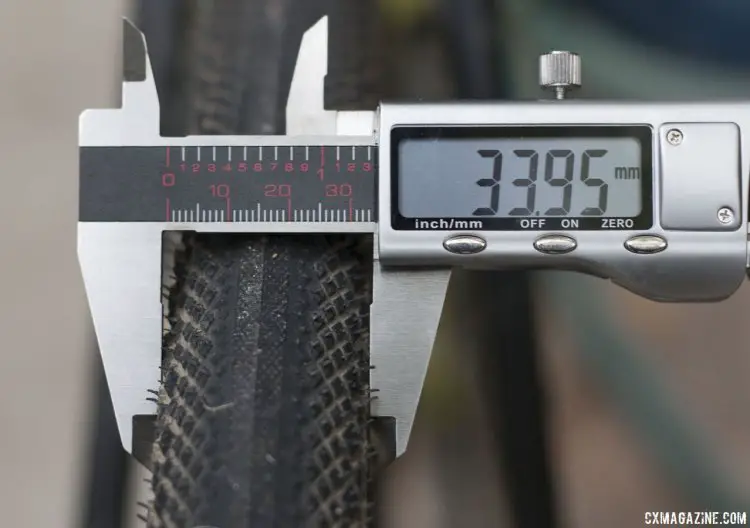 The 35mm Hutchinson Overide tubeless gravel tire measures around 34mm on a 17.5mm internal width rim, at 25 psi. © Cyclocross Magazine