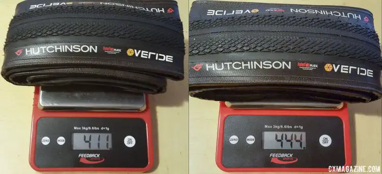 The 38mm version of the Hutchinson Overide tubeless gravel tire varied in weight but averaged 427.5g. © Cyclocross Magazine