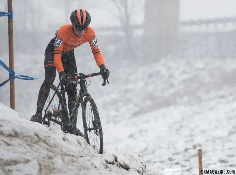 Lucas Stierwalt navigates the tricky off camber that broke many bikes. 2017 Cyclocross National Championships. © A. Yee / Cyclocross Magazine