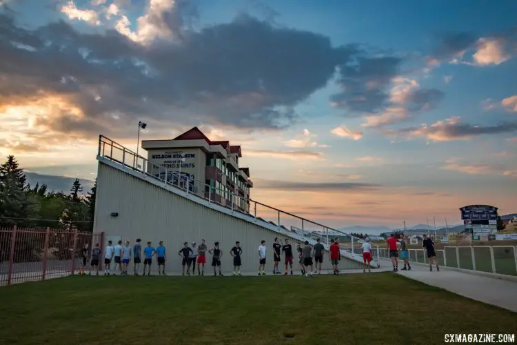 After a cross country run warm-up, the campers ready for sprints, leg swings and hip openers. 2017 Montana Cross Camp © Cyclocross Magazine