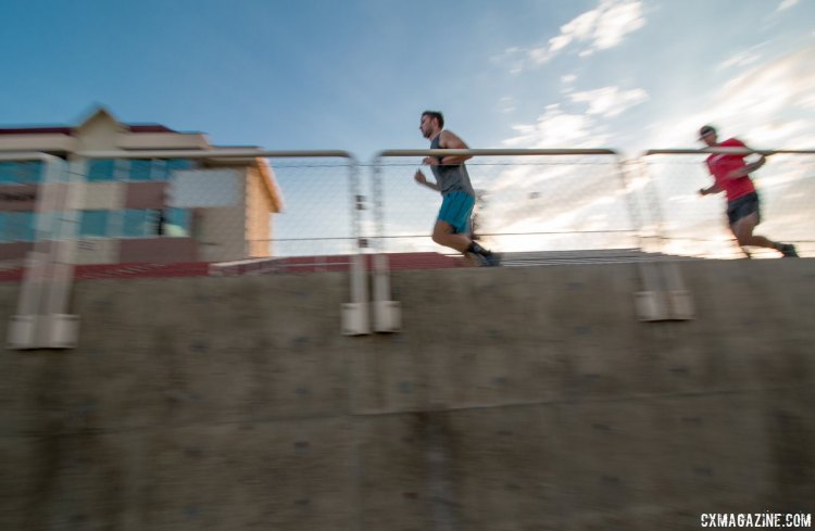 Even the coaches participate fully in the morning routine. Coach Tobin Ortenblad leads his own coach, Chris McGovern, to another round of stadium stair laps. 2017 Montana Cross Camp © Cyclocross Magazine