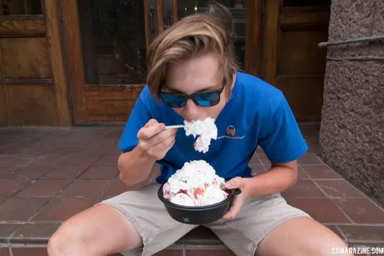 Ryder Uetrecht dips into his SuperNova ice cream workout. Two brownies, 6 scoops of ice cream, 6 toppings. 2017 Montana Cross Camp © Cyclocross Magazine