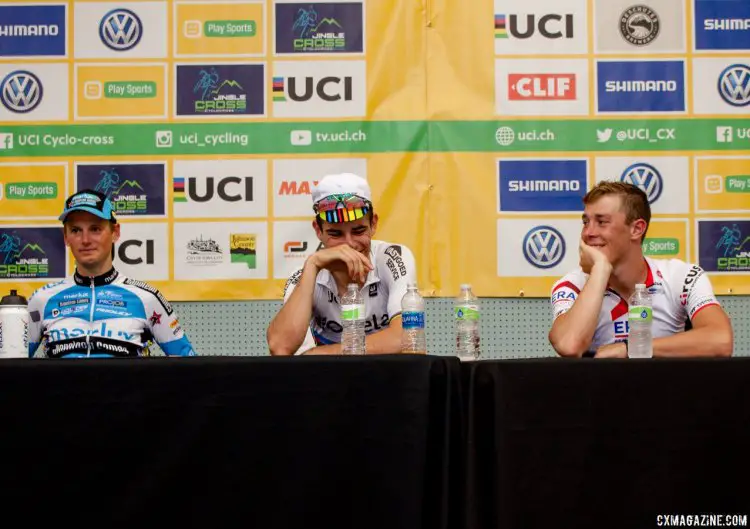 Wout van Aert and Laurens Sweeck are all smiles with their second-straight World Cup podium, joined by Kevin Pauwels. 2016 Jingle Cross cyclocross festival. © A. Yee / Cyclocross Magazine