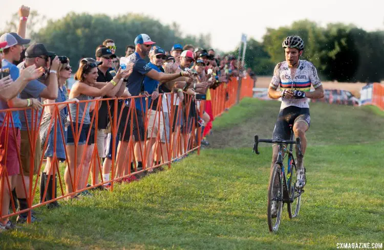 Wout van Aert overcame a broken toe, mechanical issues and beer-spraying fans to win the 2016 World Cup. 2016 Jingle Cross cyclocross festival. © A. Yee / Cyclocross Magazine