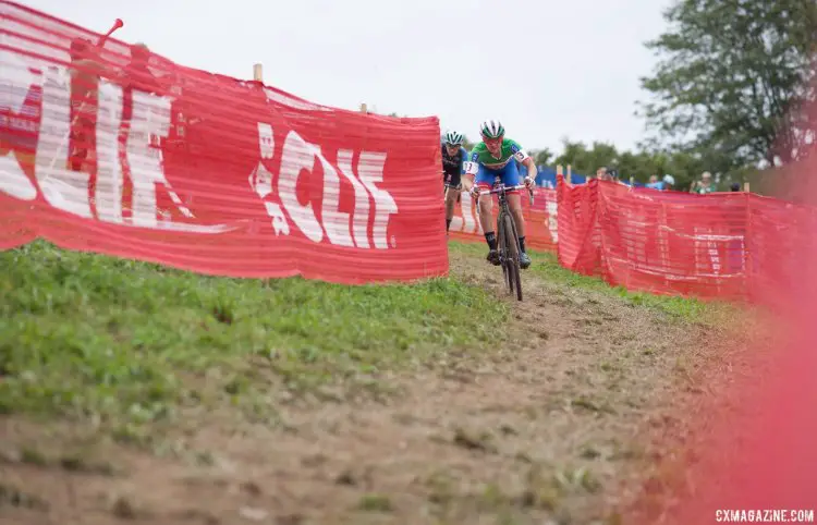 Eva Lechner leads Ellen Noble on Day 3 of the 2016 Jingle Cross cyclocross festival. © A. Yee / Cyclocross Magazine