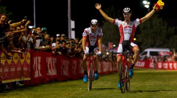 Brotherly love: Laurens Sweeck and brother Diether celebrate their 1-2 finish. 2017 CrossVegas Elite Men. © A. Yee / Cyclocross Magazine