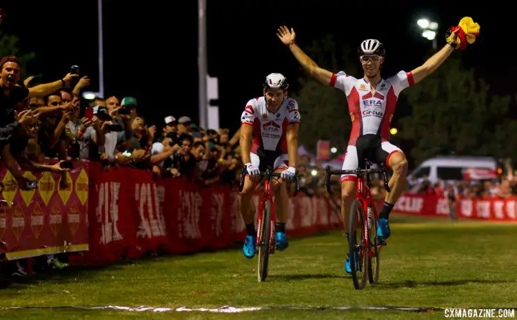Brotherly love: Laurens Sweeck and brother Diether celebrate their 1-2 finish. 2017 CrossVegas Elite Men. © A. Yee / Cyclocross Magazine