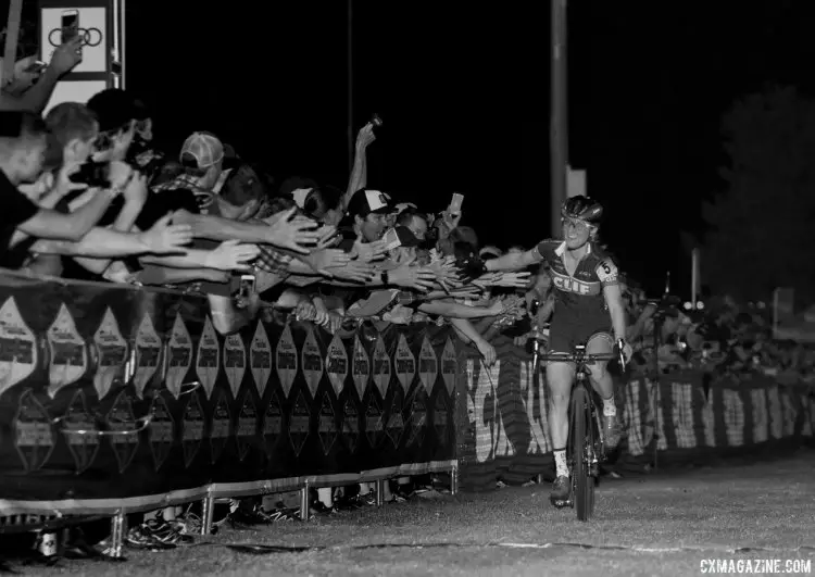 Catharine Pendrel celebrates her second place in her annual cyclocross race. 2017 CrossVegas, Elite Women. © A. Yee / Cyclocross Magazine