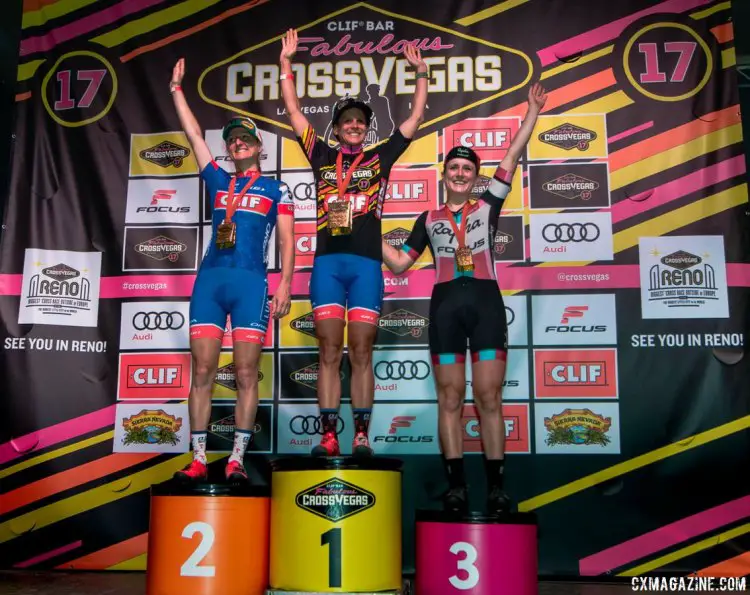 The final Vegas CrossVegas women's podium. L to R: Catharine Pendrel (Clif Bar), Katerina Nash (Clif Bar), Ellen Noble (Aspire) 2017 CrossVegas, Elite Women. © A. Yee / Cyclocross Magazine