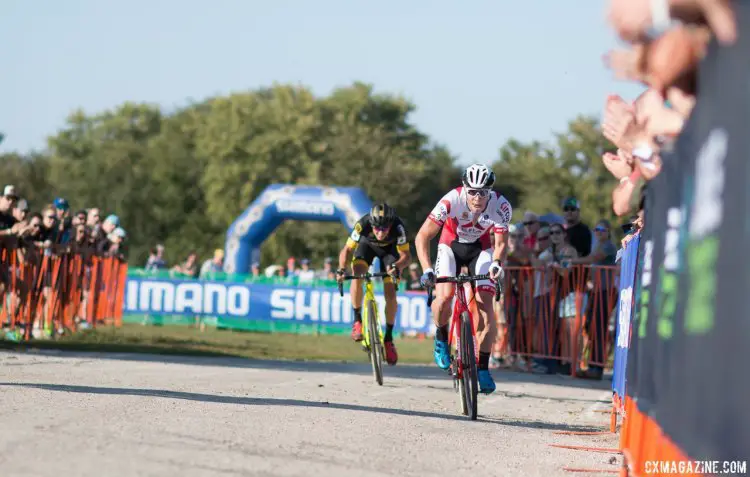 Laurens Sweeck leads Quinten Hermans home in the race for second. 2017 Jingle Cross World Cup, Elite Men. © A. Yee / Cyclocross Magazine