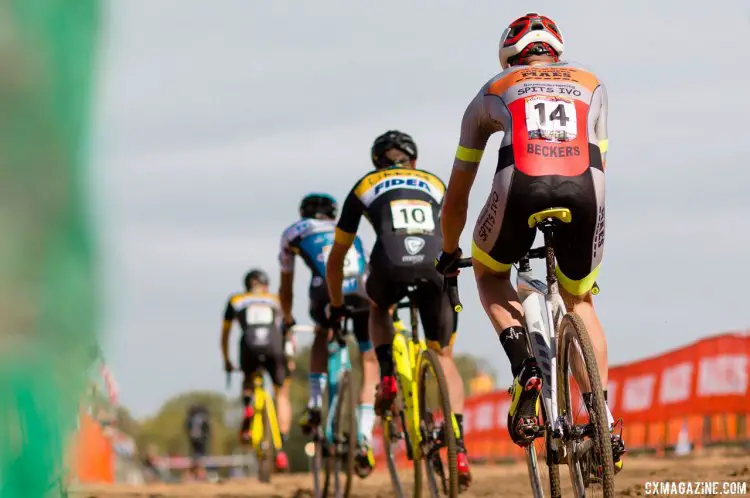 Vincent Baestaens holds on to Jim Aernouts's wheel in the chase for UCI World Cup points. 2017 Jingle Cross World Cup, Elite Men. © A. Yee / Cyclocross Magazine