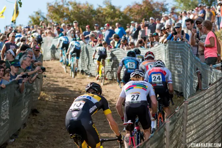 The men's field strung out quickly with each pass of Mt. Krumpit. 2017 Jingle Cross World Cup, Elite Men. © A. Yee / Cyclocross Magazine