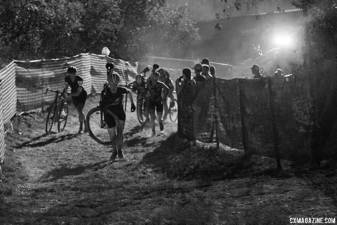 Clara Honsinger leads the charge up Mt. Krumpit. 2017 Jingle Cross Day 2 UCI C2, Elite Women. (Saturday Night) © A. Yee / Cyclocross Magazine