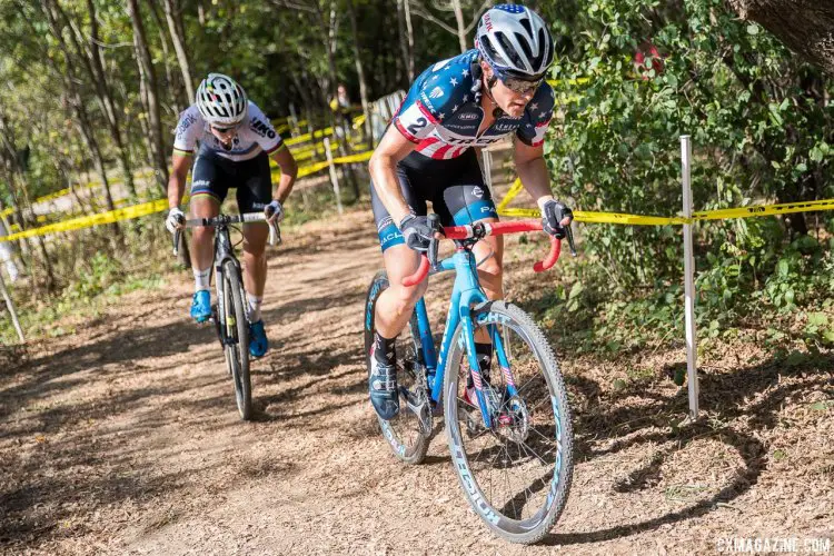 Compton leading Cant before the Belgian crashed. 2017 Trek CX Cup, Friday UCI C2. © J. Curtes / Cyclocross Magazine