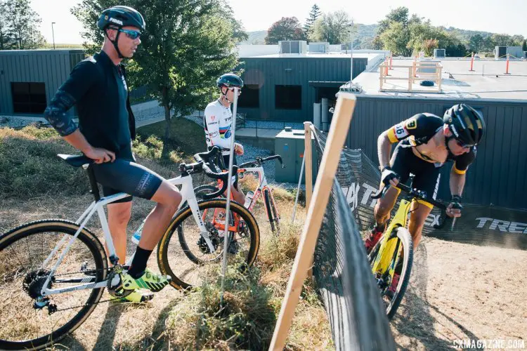 Sven Nys studies his riders and offers encouragement. 2017 Trek CXC Cup, Friday UCI C2. © J. Curtes / Cyclocross Magazine