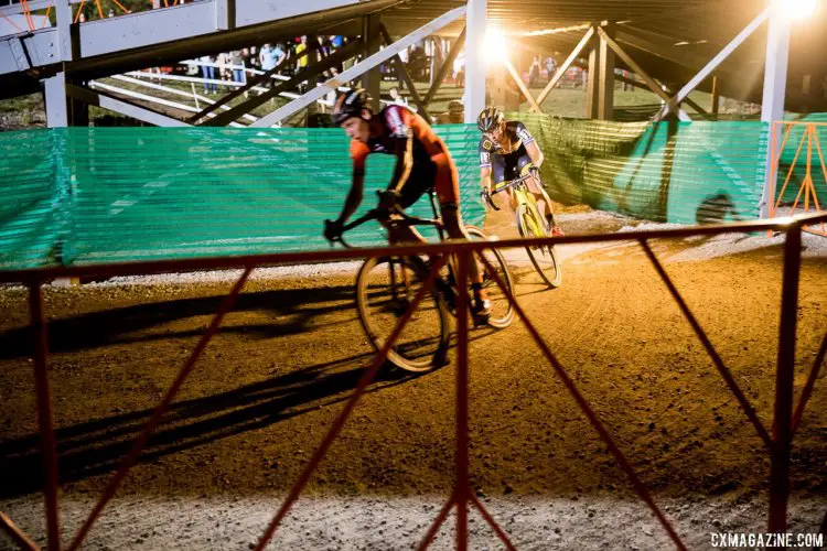 The race for third with Jens Adams, Lars van der Haar and Michael Boros. Elite Men, 2017 Jingle Cross Day 1 UCI C1 (Friday Night). © J. Curtes / Cyclocross Magazine