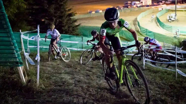 Keough nails the tricky uphill chicane on the far side of the course. Elite Women, 2017 Jingle Cross Day 1 UCI C1 (Friday Night). © J. Curtes / Cyclocross Magazine