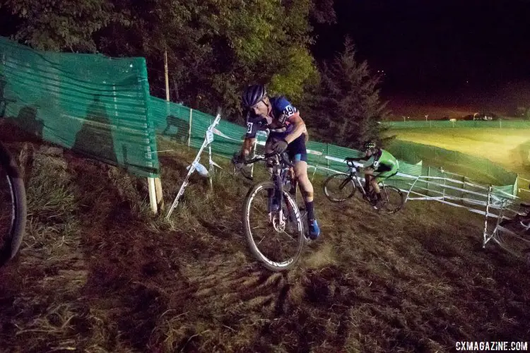 Garry Millburn leads Gage Hecht up the chicane climb. Elite Men, 2017 Jingle Cross Day 1 UCI C1 (Friday Night). © J. Curtes / Cyclocross Magazine