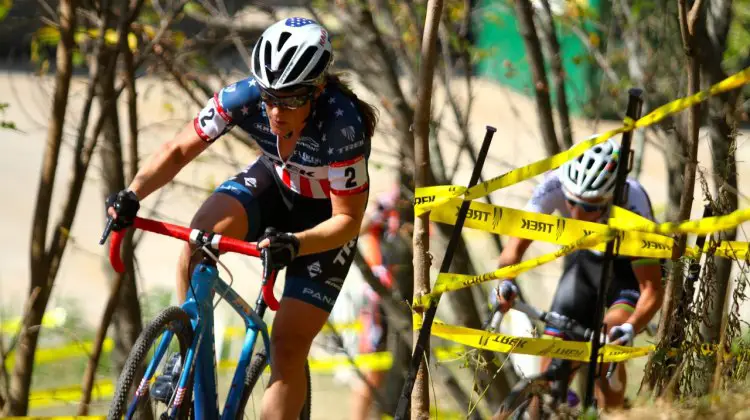 Katie Compton leads Sanne Cant through the woods midway through the C2 Trek CX Cup on Friday. ©D. Mable / cxmagazine.com