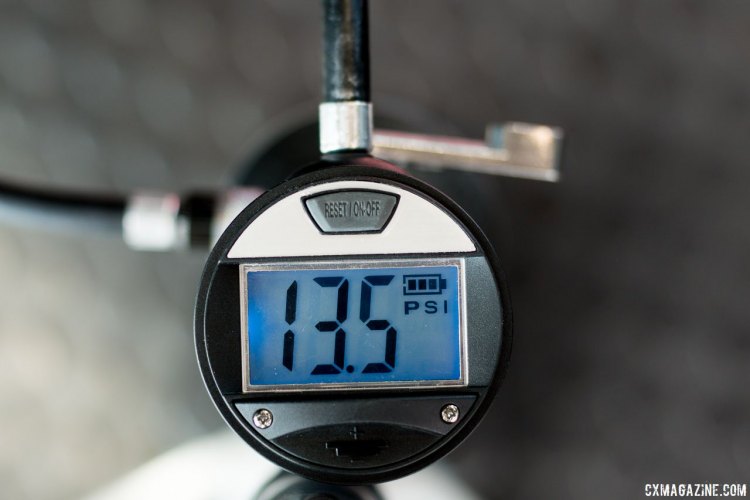 The digital gauge, a $30 upgrade over the analog version, makes for easy accurate inflation of your tubeless or tubular tire. Crankbrothers' new Klic modular tubeless floor pump. Interbike 2017 © Cyclocross Magazine